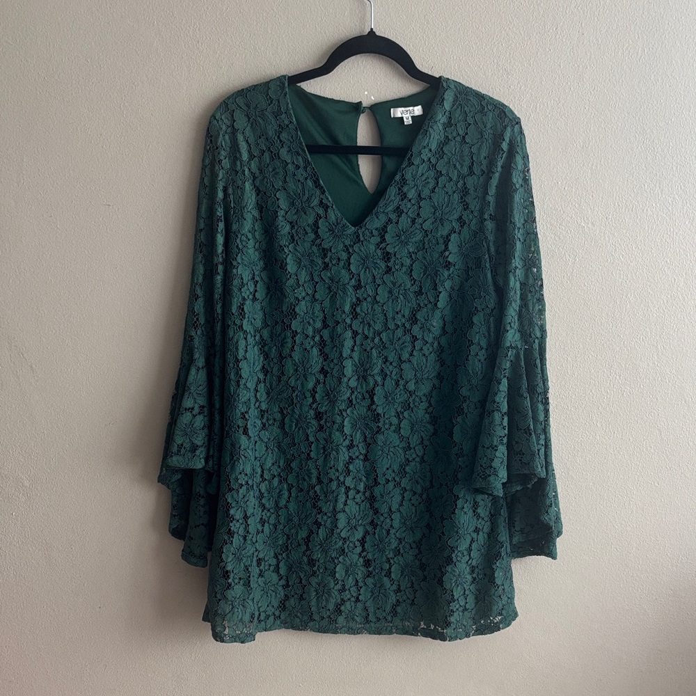 Verte Forest Green Floral Lace V Neck Midi Dress Bell Sleeve Women’s Medium